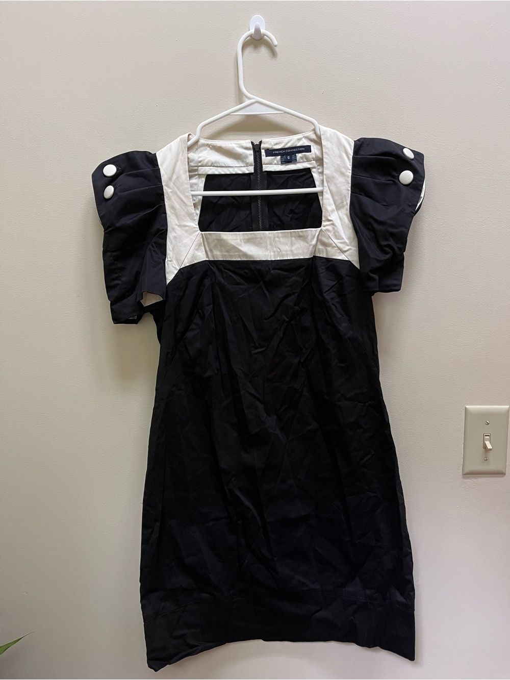 French Connection Black Dress with White Square Neck & Puffed Sleeves